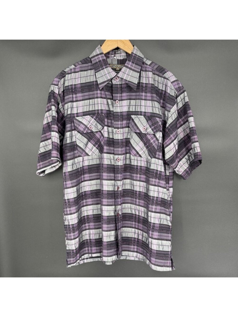 Stacy Adams Mens Plaid Short Sleeve Button-Up Shirt L Purple Textured Casual Y2k